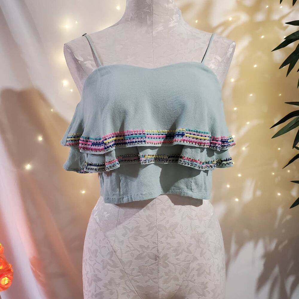 Francesca's Blue Rain Beaded Rainbow Tiered Ruffle Top Womens Size S Festival